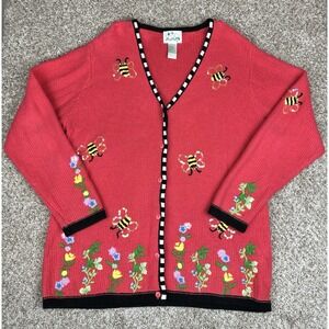Quacker Factory Bumble Bee Flower Cottagecore Sweater Women Sz L Pink Coral EUC
